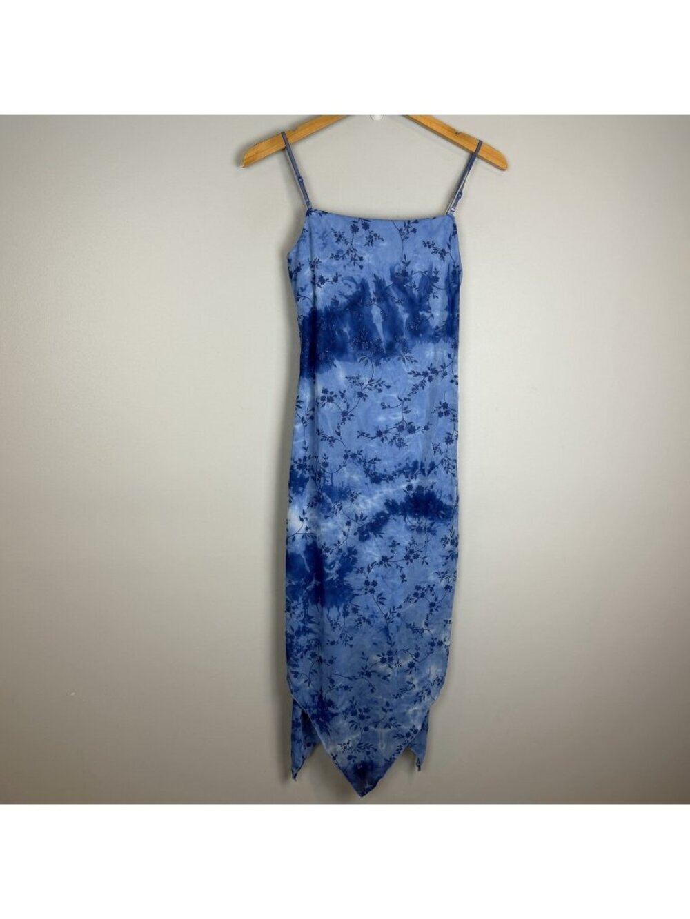 Vtg 90s Blue Dress Size Medium‎ Mesh Overlay Handkerchief Hem